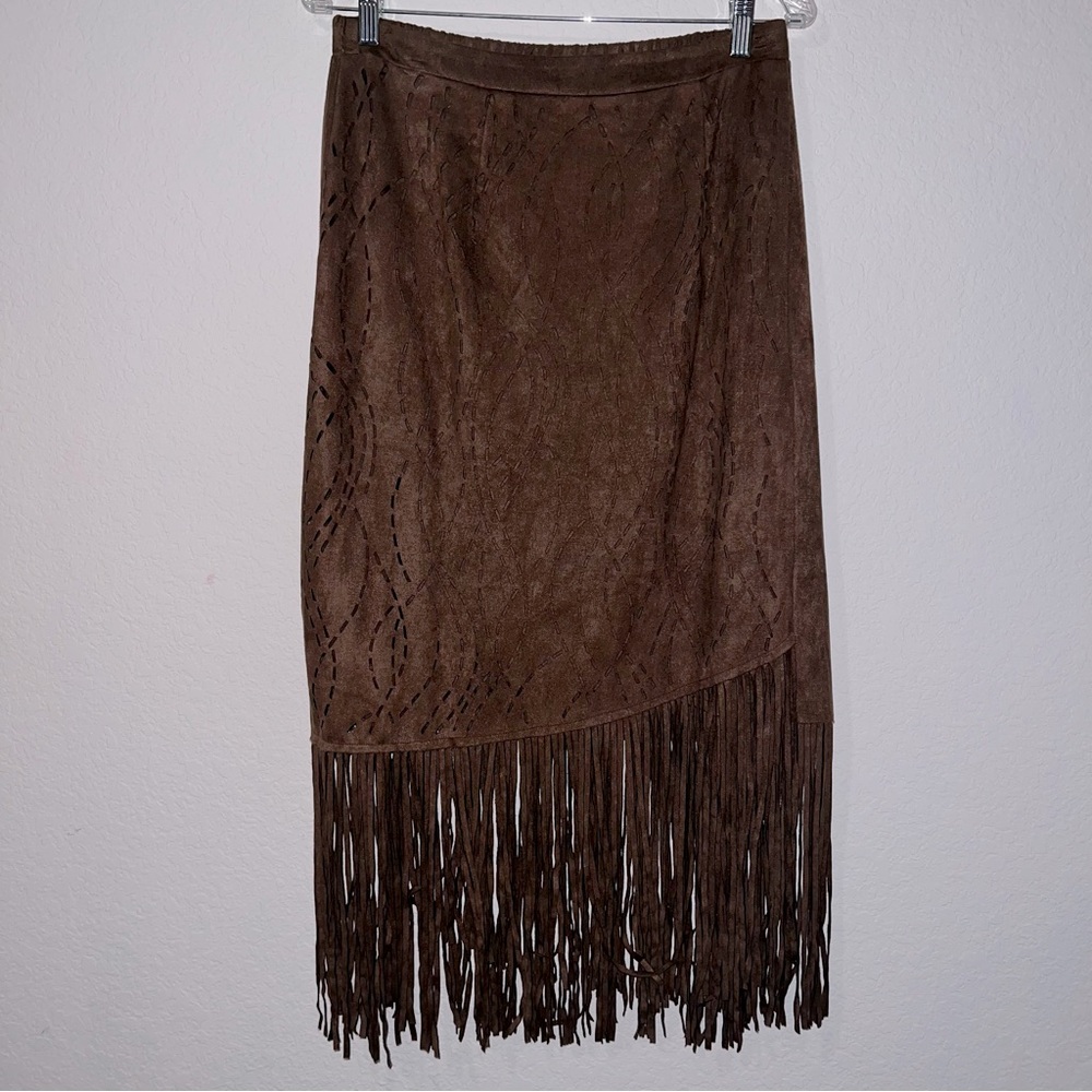 Reba Faux Suede Brown Midi Fringe Skirt